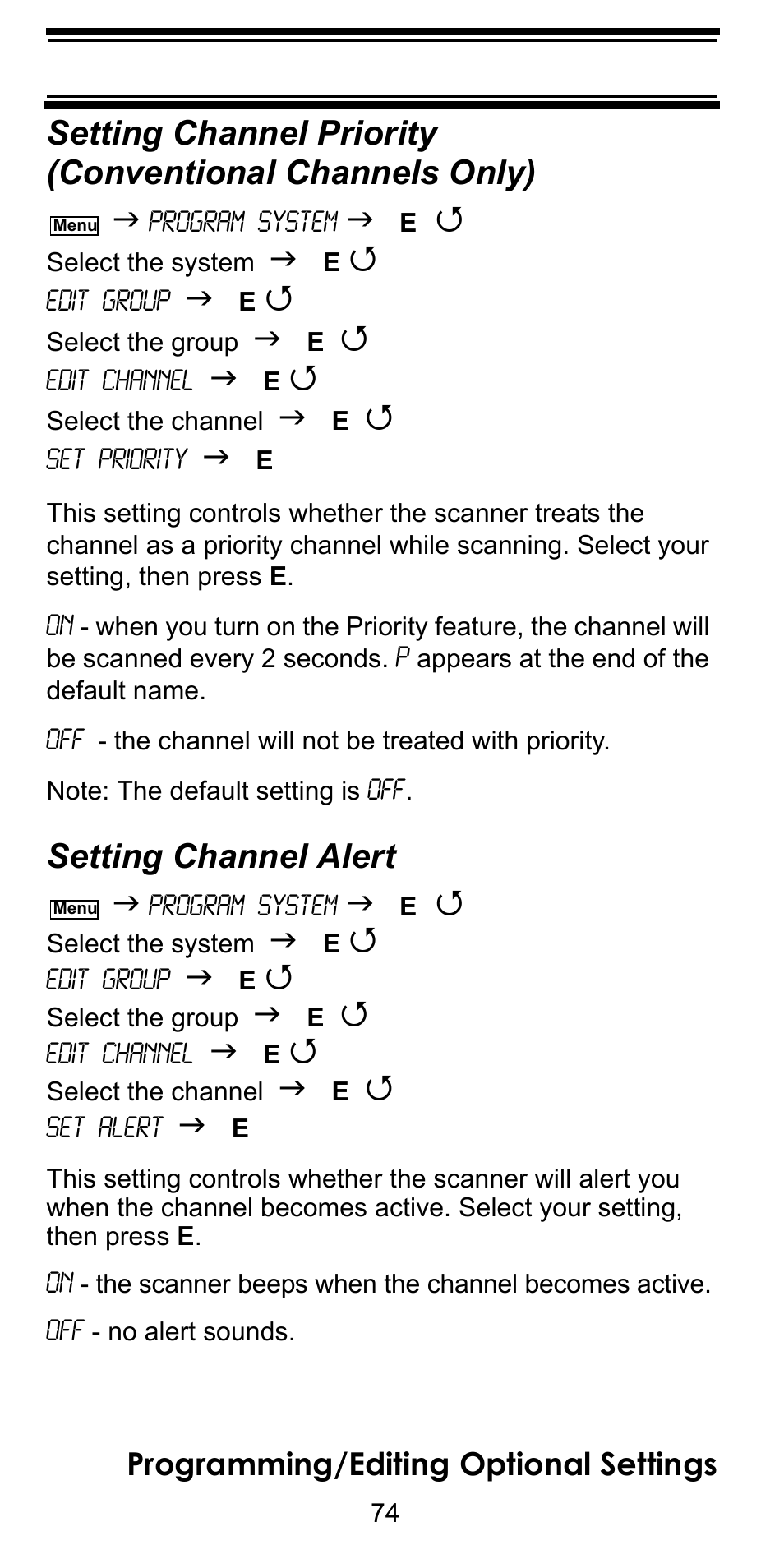 Setting channel alert, Setting channel priority (conventional chan, Setting channel priority | Conventional channels only), Programming/editing optional settings | Uniden BC246T User Manual | Page 74 / 128