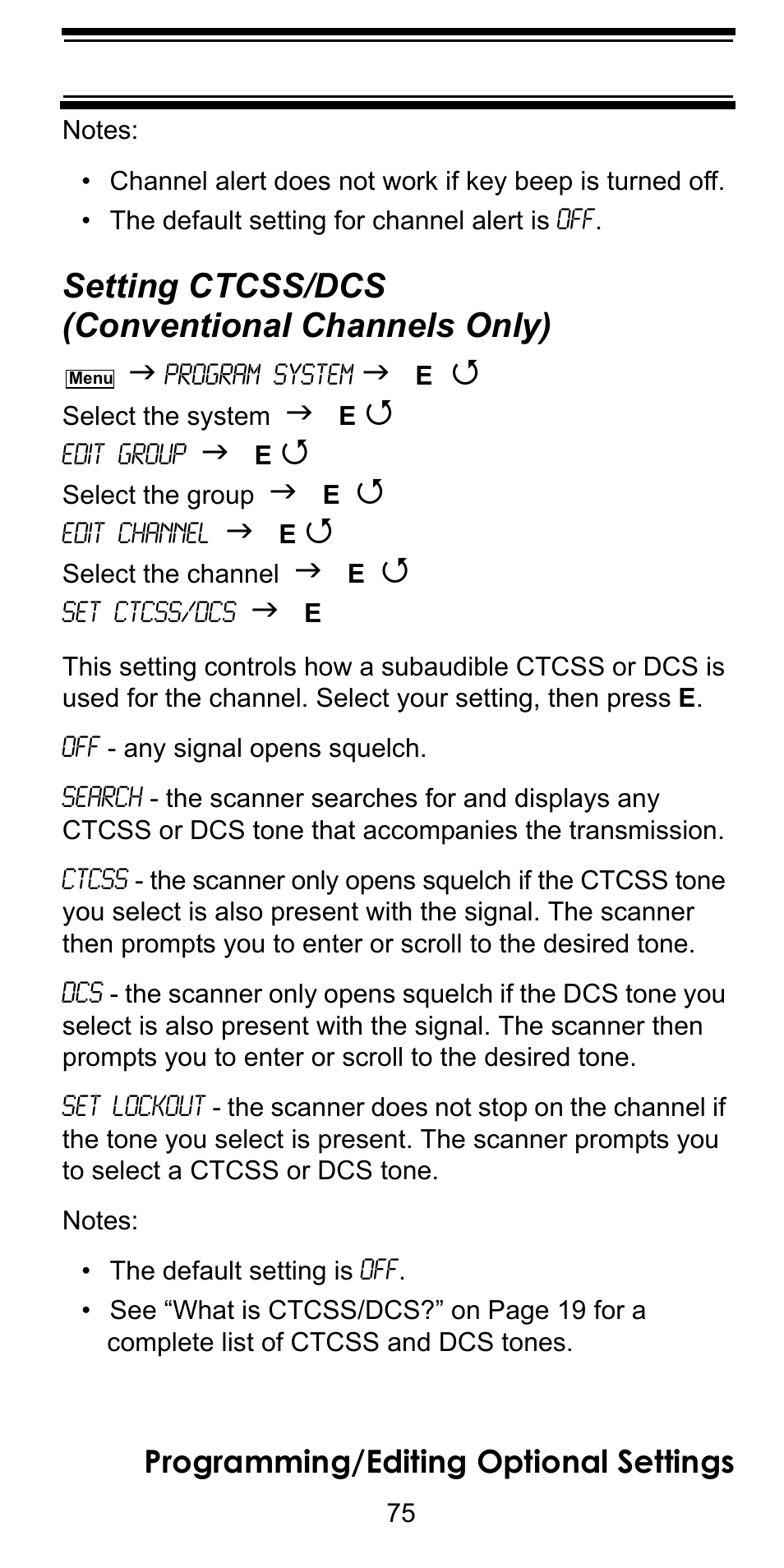 Setting ctcss/dcs (conventional channels only), Setting ctcss/dcs, Conventional channels only) | Programming/editing optional settings | Uniden BC246T User Manual | Page 75 / 128