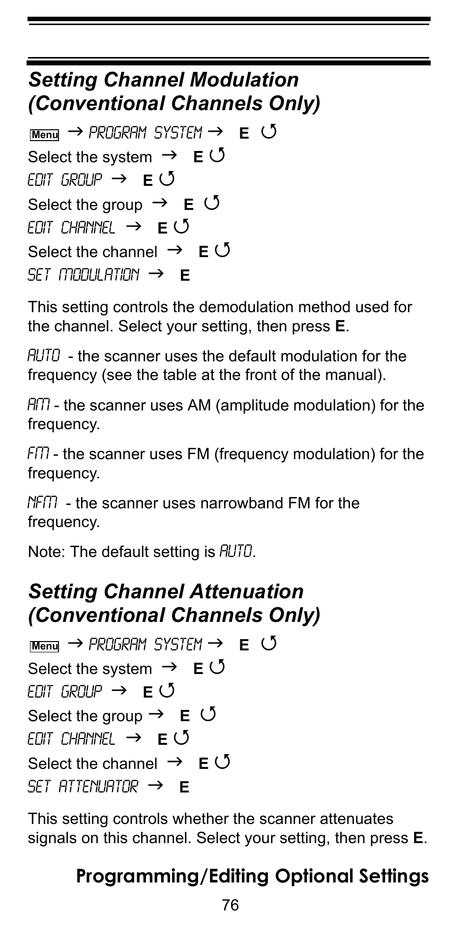 Setting channel attenuation (conventional, Setting channel modulation, Conventional channels only) | Setting channel attenuation, Programming/editing optional settings | Uniden BC246T User Manual | Page 76 / 128