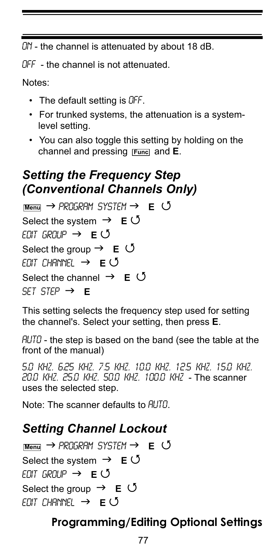 Setting channel lockout, Setting the frequency step, Conventional channels only) | Programming/editing optional settings | Uniden BC246T User Manual | Page 77 / 128