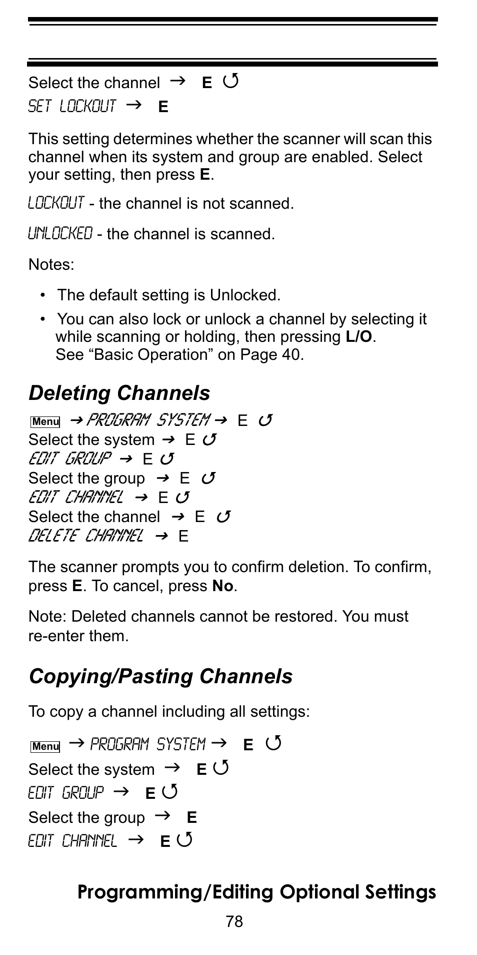 Deleting channels, Copying/pasting channels, Programming/editing optional settings | Uniden BC246T User Manual | Page 78 / 128