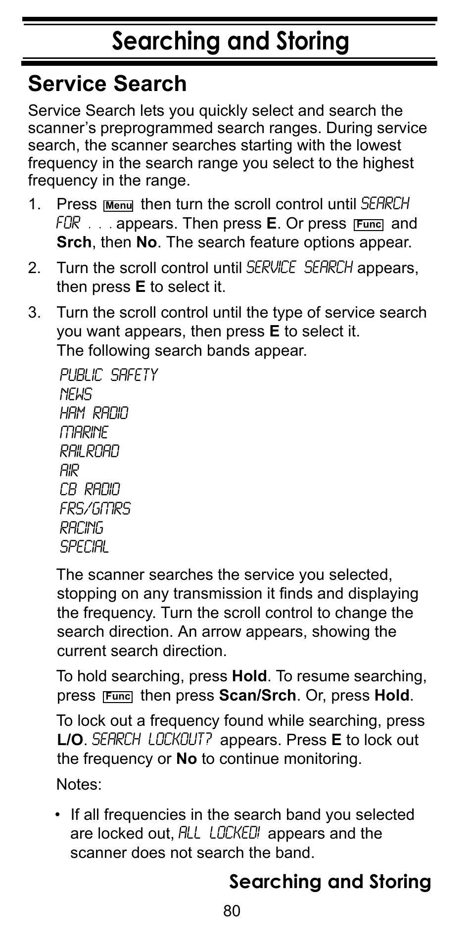 Searching and storing, Service search, Searching and storing service search | Uniden BC246T User Manual | Page 80 / 128