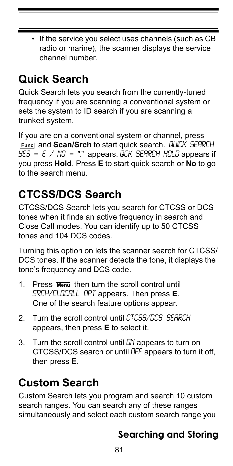 Quick search, Ctcss/dcs search, Custom search | Searching and storing | Uniden BC246T User Manual | Page 81 / 128