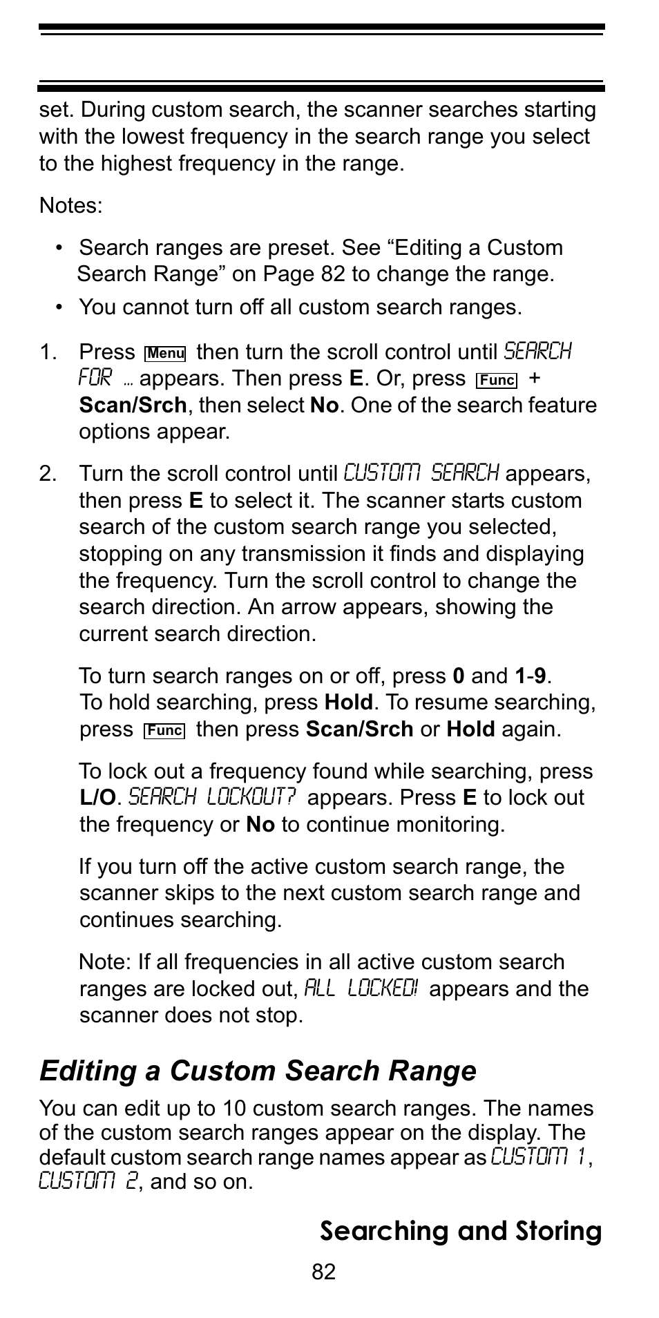 Editing a custom search range, Searching and storing | Uniden BC246T User Manual | Page 82 / 128