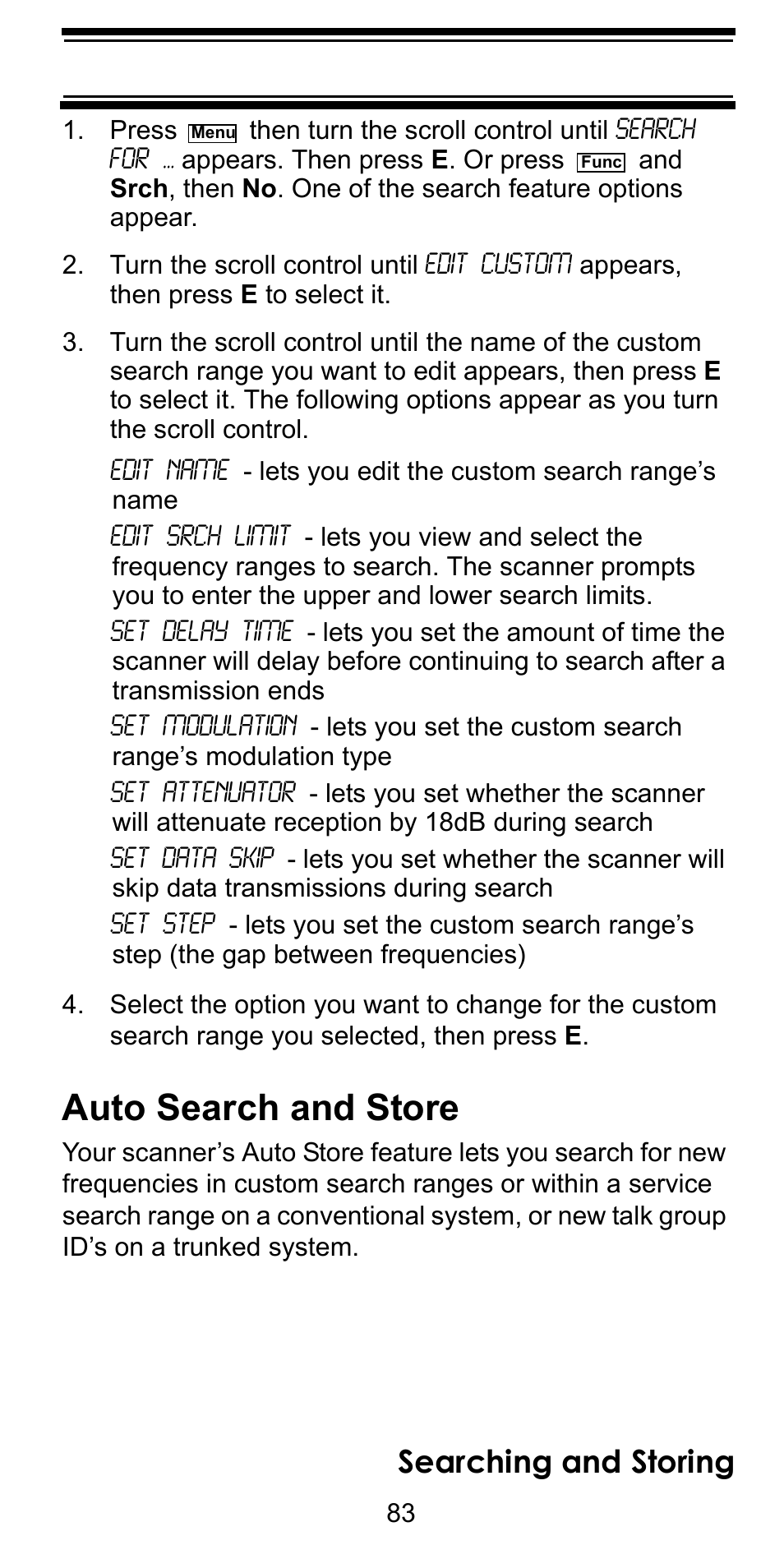 Auto search and store, Searching and storing | Uniden BC246T User Manual | Page 83 / 128