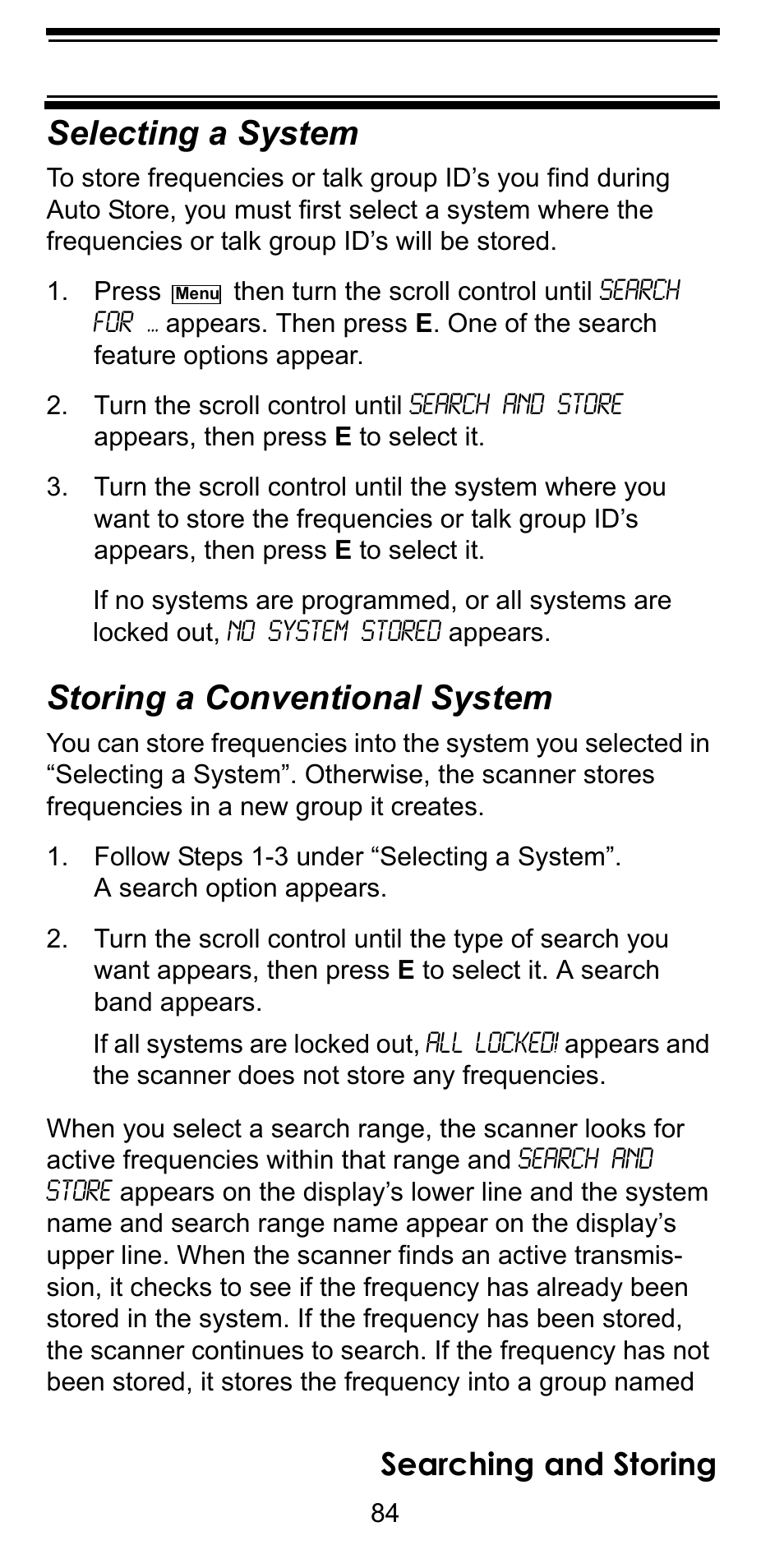 Selecting a system, Storing a conventional system, Searching and storing | Uniden BC246T User Manual | Page 84 / 128
