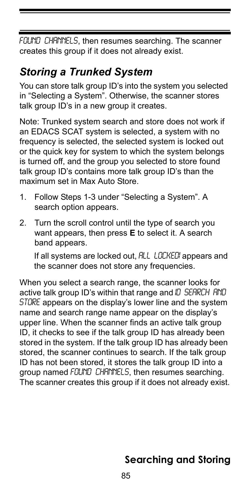 Storing a trunked system, Searching and storing | Uniden BC246T User Manual | Page 85 / 128