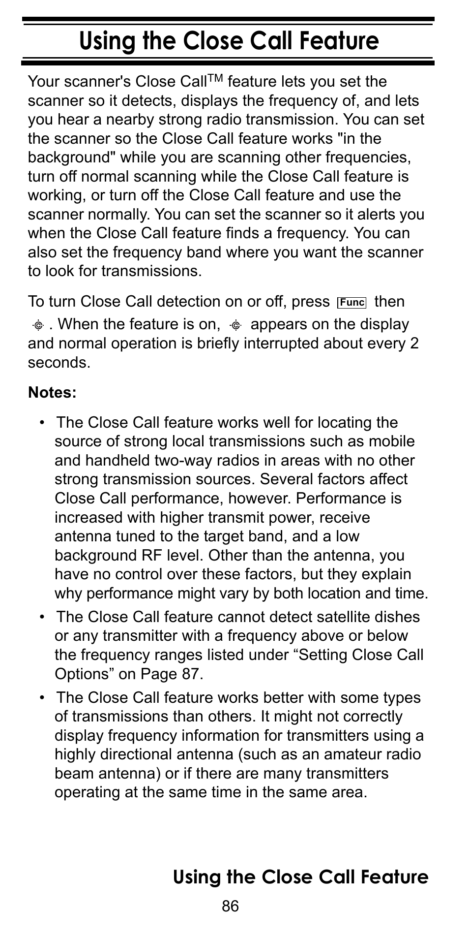 Using the close call feature | Uniden BC246T User Manual | Page 86 / 128