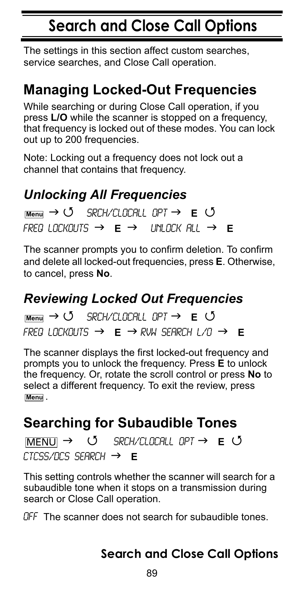 Search and close call options, Managing locked-out frequencies, Unlocking all frequencies | Reviewing locked out frequencies, Searching for subaudible tones, Reviewing locked out frequencies” on | Uniden BC246T User Manual | Page 89 / 128