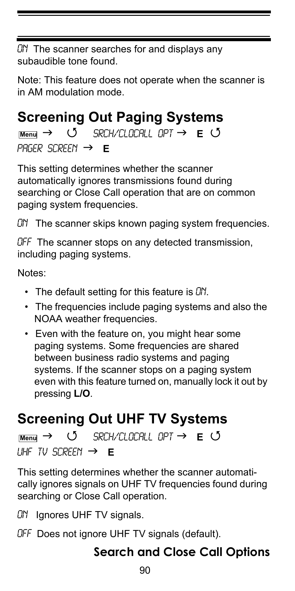 Screening out paging systems, Screening out uhf tv systems, Search and close call options | Uniden BC246T User Manual | Page 90 / 128