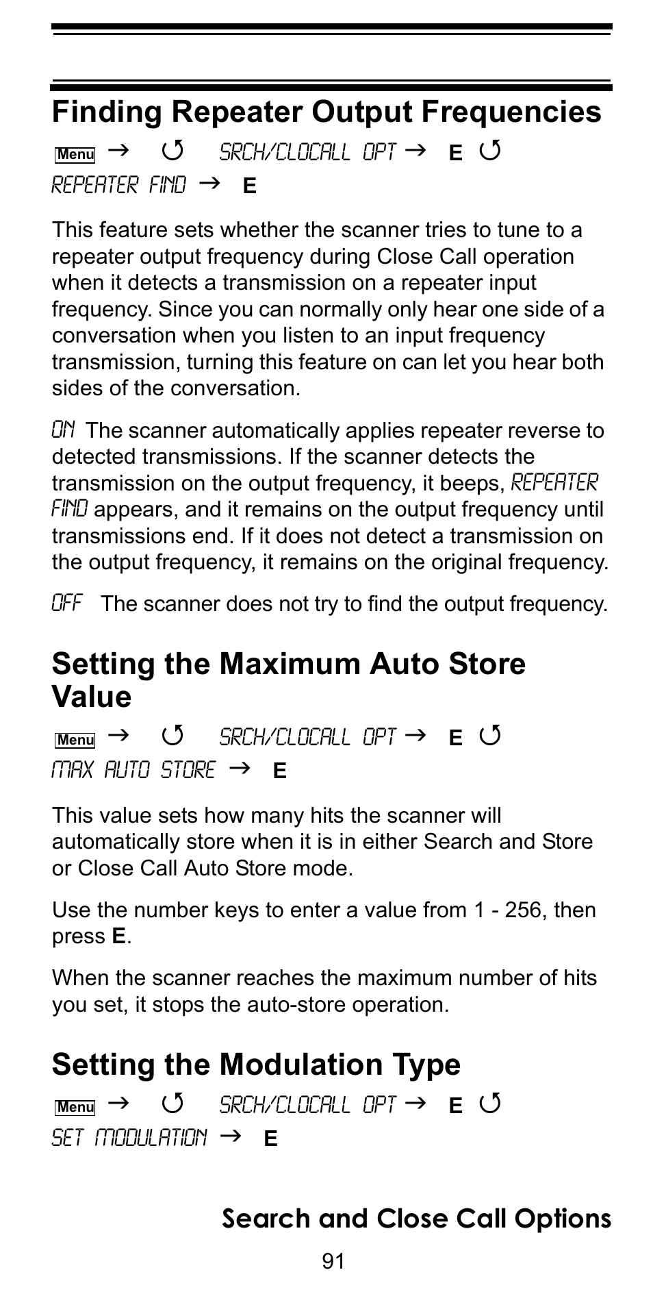 Finding repeater output frequencies, Setting the maximum auto store value, Setting the modulation type | Search and close call options | Uniden BC246T User Manual | Page 91 / 128