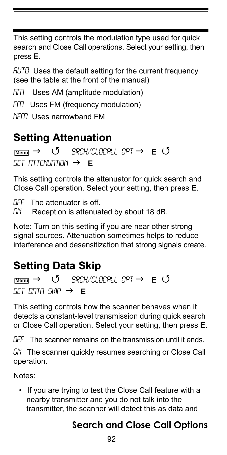 Setting attenuation, Setting data skip, Search and close call options | Uniden BC246T User Manual | Page 92 / 128