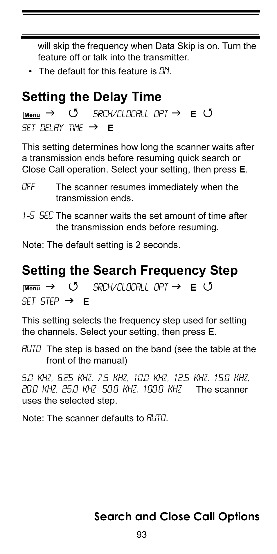 Setting the delay time, Setting the search frequency step, Search and close call options | Uniden BC246T User Manual | Page 93 / 128