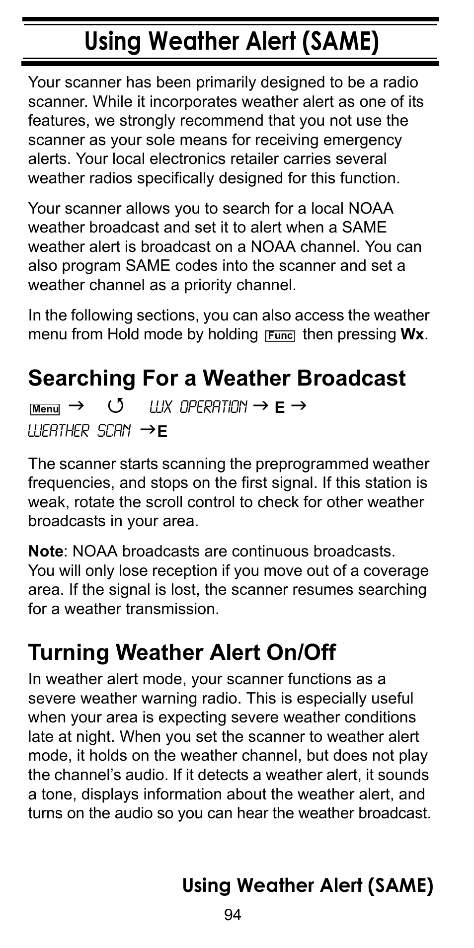 Using weather alert (same), Searching for a weather broadcast, Turning weather alert on/off | Uniden BC246T User Manual | Page 94 / 128