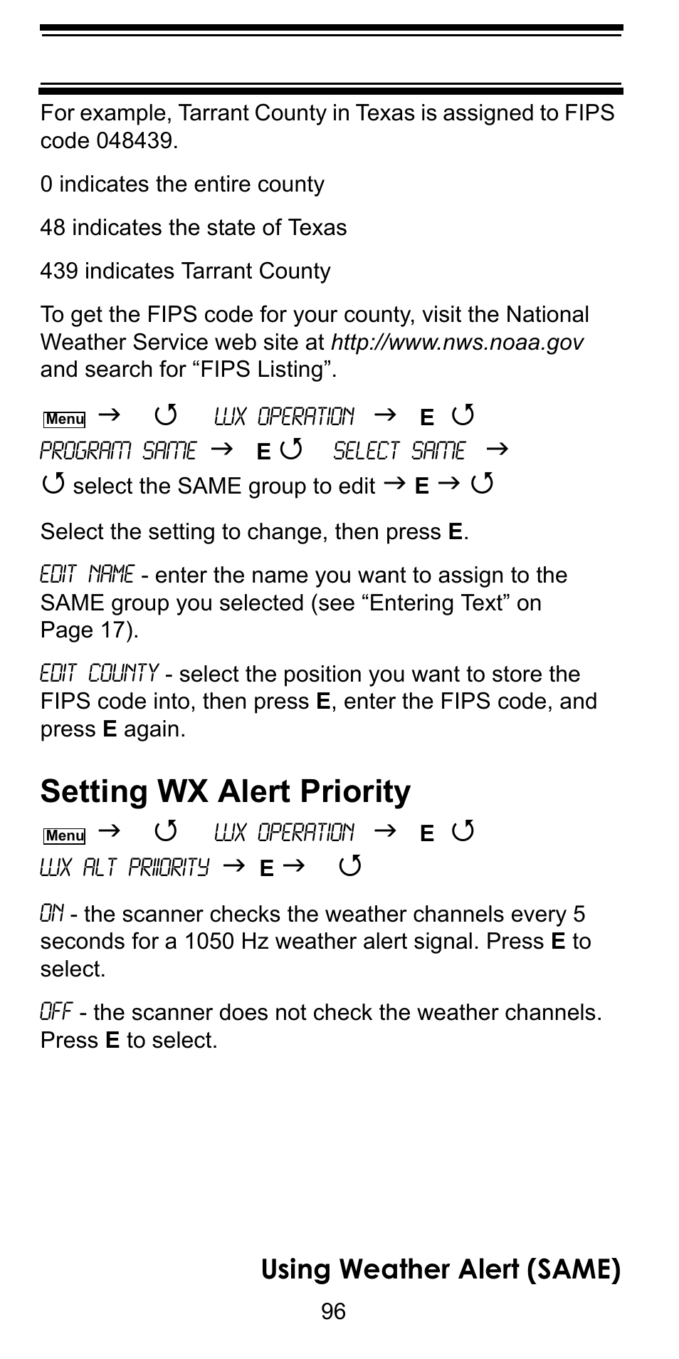 Setting wx alert priority, Using weather alert (same) | Uniden BC246T User Manual | Page 96 / 128