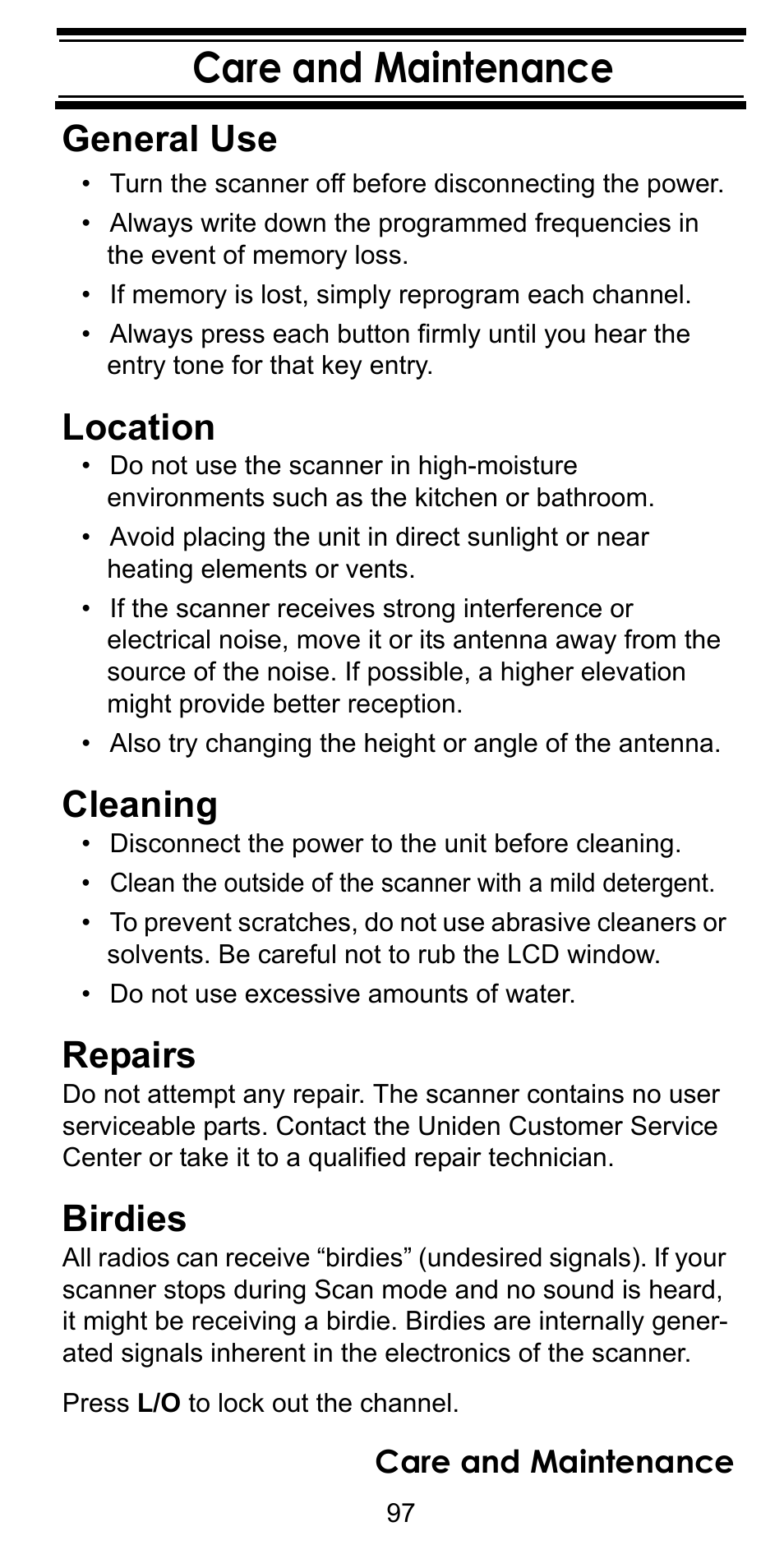 Care and maintenance, General use, Location | Cleaning, Repairs, Birdies, Care and maintenance general use | Uniden BC246T User Manual | Page 97 / 128