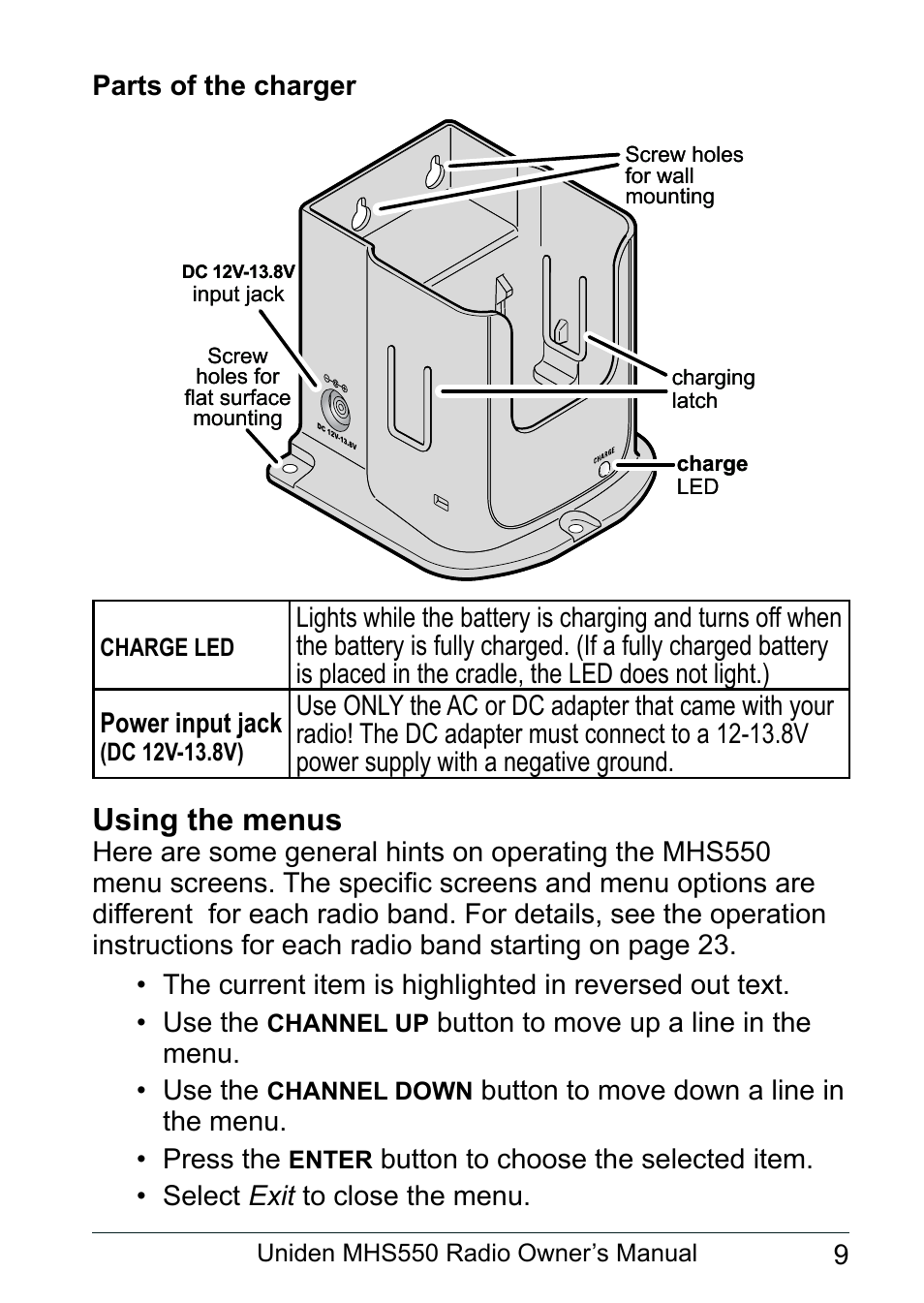 Parts of the charger, Using the menus | Uniden MHS550 User Manual | Page 11 / 56