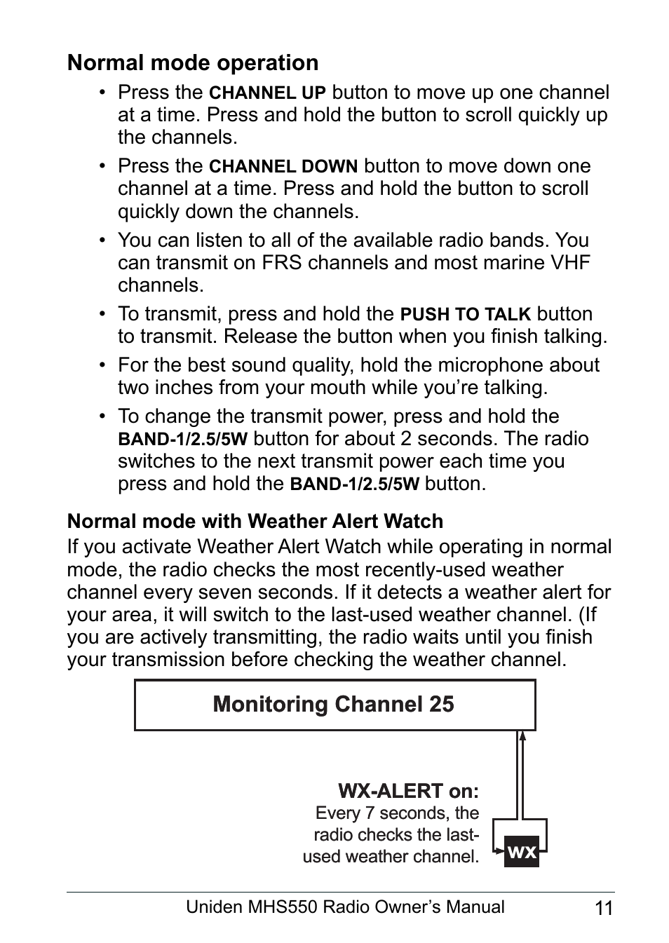 Normal mode operation, Normal mode with weather alert watch | Uniden MHS550 User Manual | Page 13 / 56