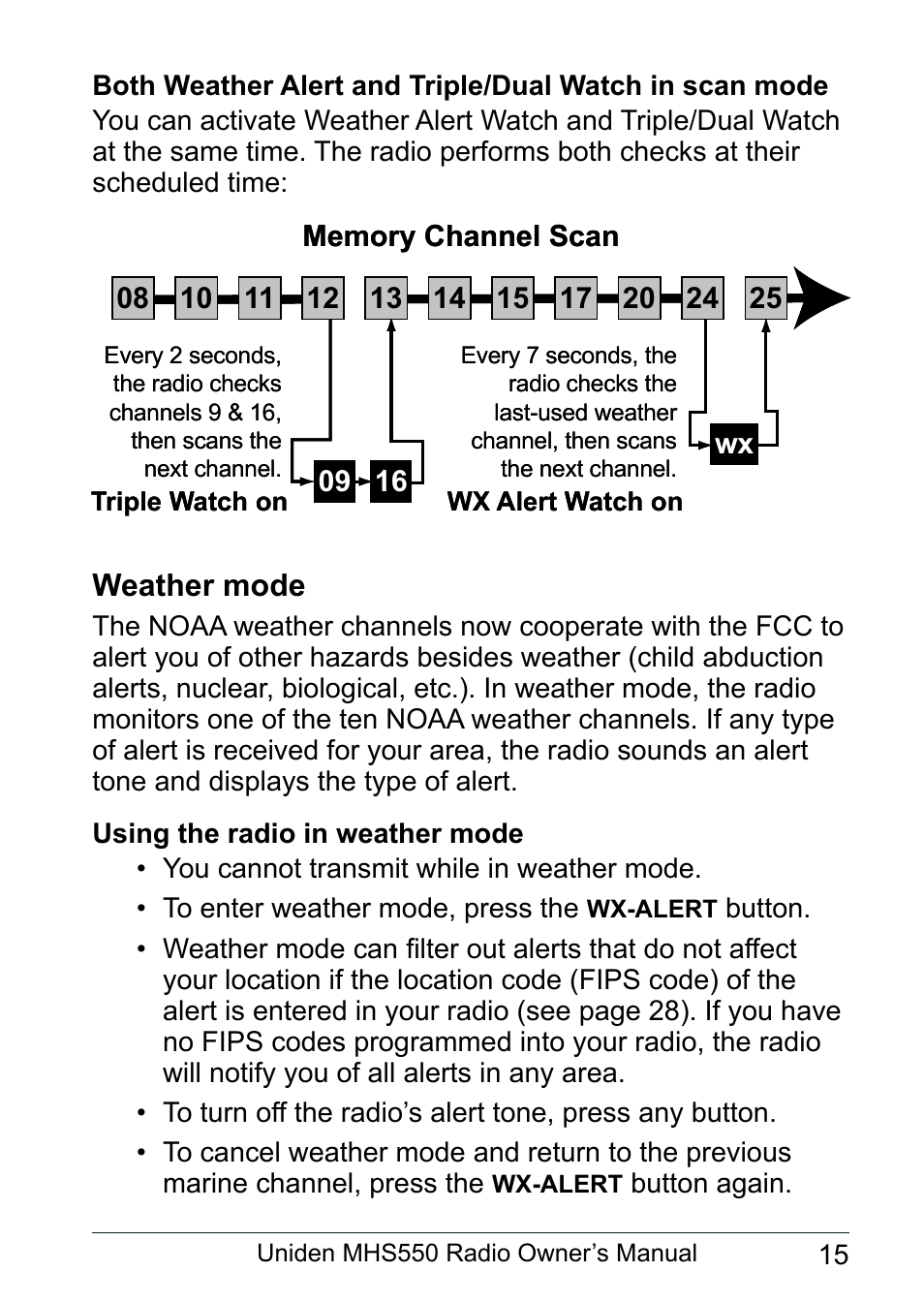 Weather mode, Using the radio in weather mode | Uniden MHS550 User Manual | Page 17 / 56