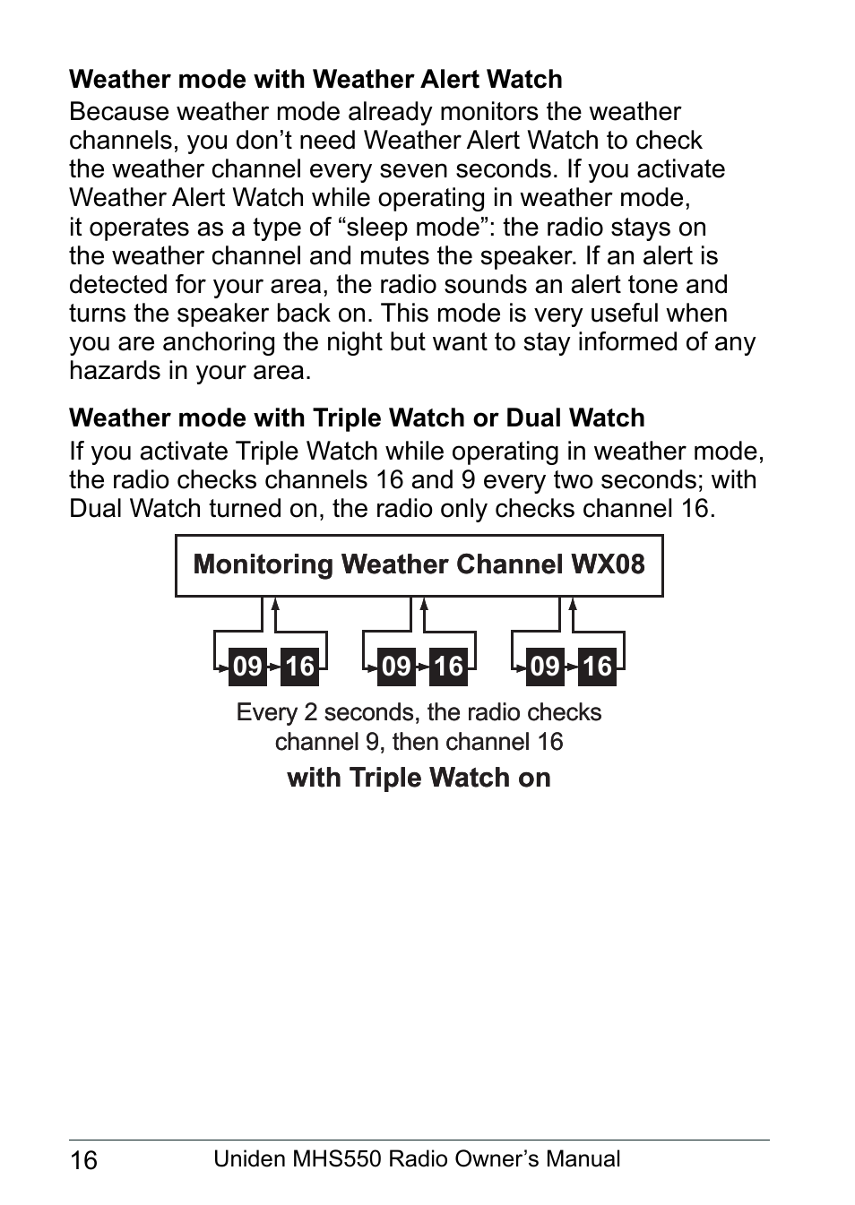 Weather mode with weather alert watch, Weather mode with triple watch or dual watch | Uniden MHS550 User Manual | Page 18 / 56