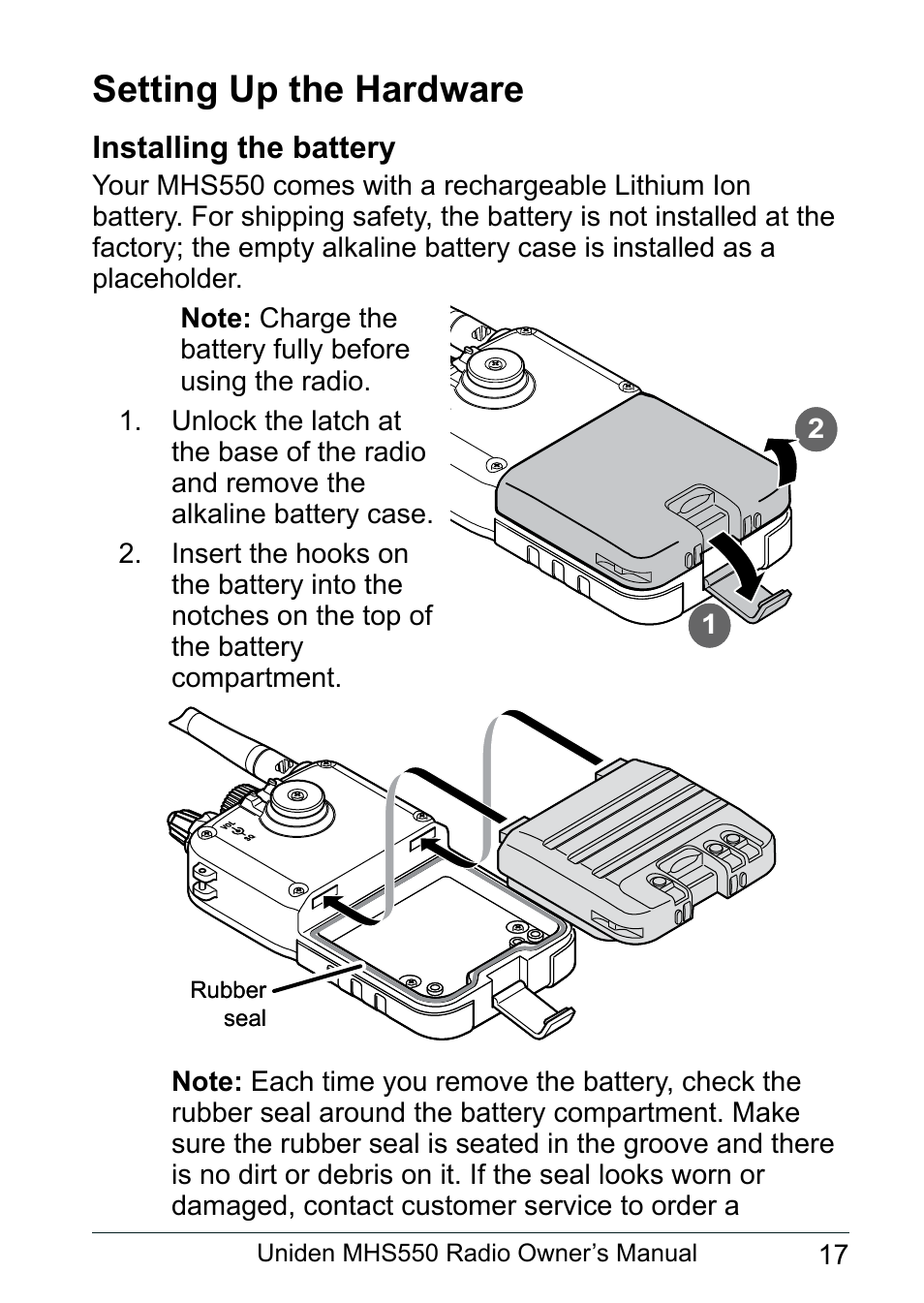 Setting up the hardware, Installing the battery | Uniden MHS550 User Manual | Page 19 / 56