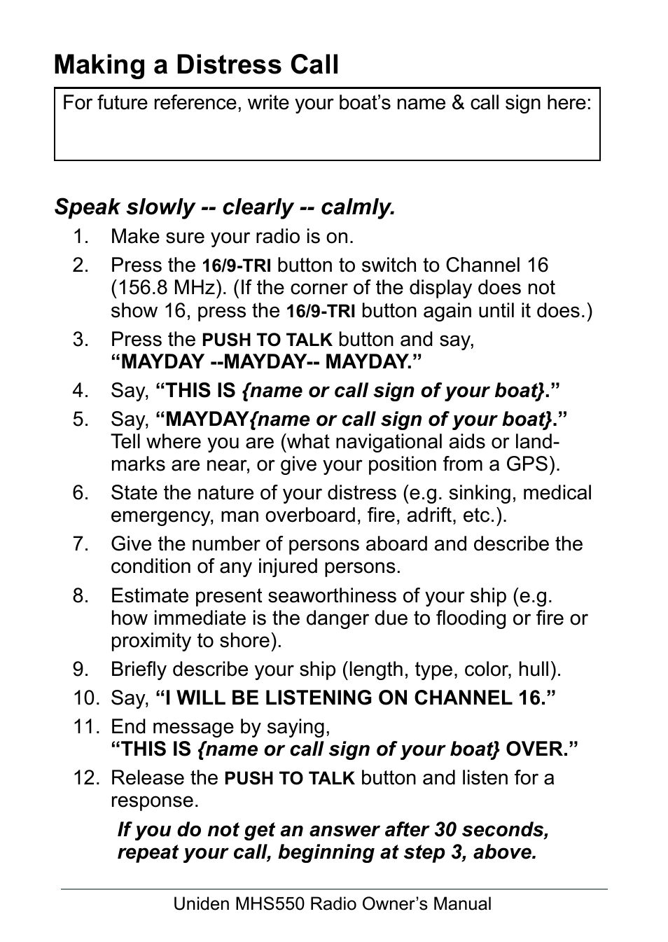 Making a distress call | Uniden MHS550 User Manual | Page 2 / 56