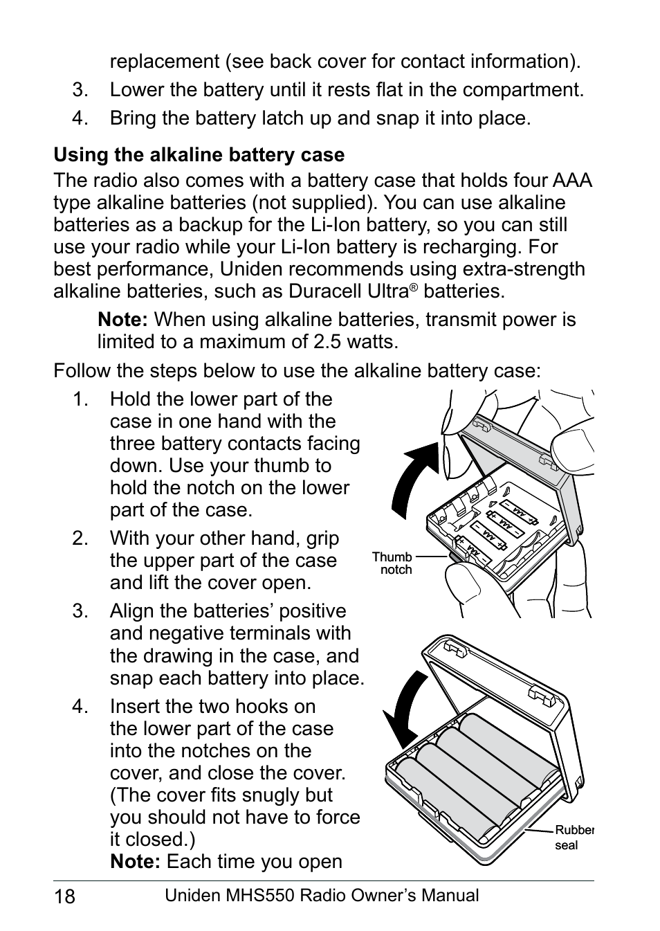 Using the alkaline battery case | Uniden MHS550 User Manual | Page 20 / 56