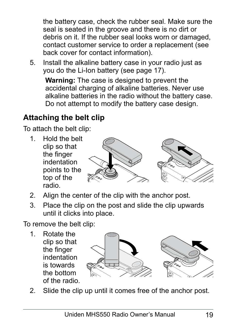 Attaching the belt clip, Uniden mhs550 radio owner’s manual | Uniden MHS550 User Manual | Page 21 / 56