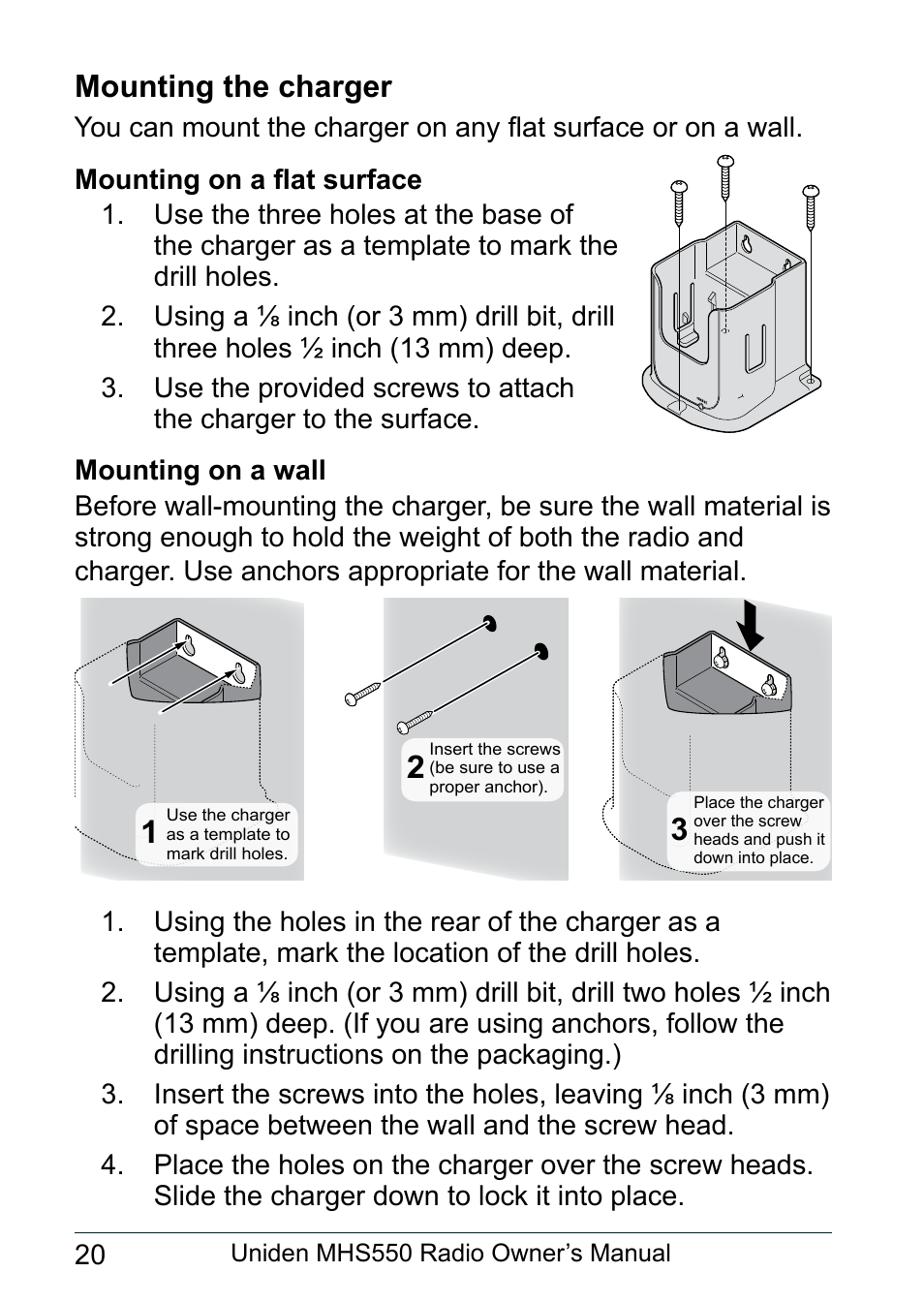 Mounting the charger, Mounting on a flat surface, Mounting on a wall | Uniden MHS550 User Manual | Page 22 / 56