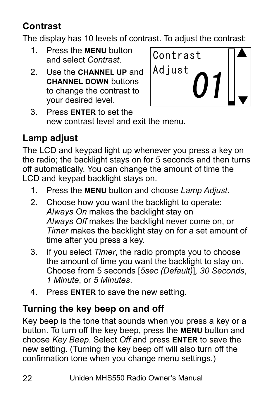 Contrast, Lamp adjust, Turning the key beep on and off | Contrast adjust | Uniden MHS550 User Manual | Page 24 / 56