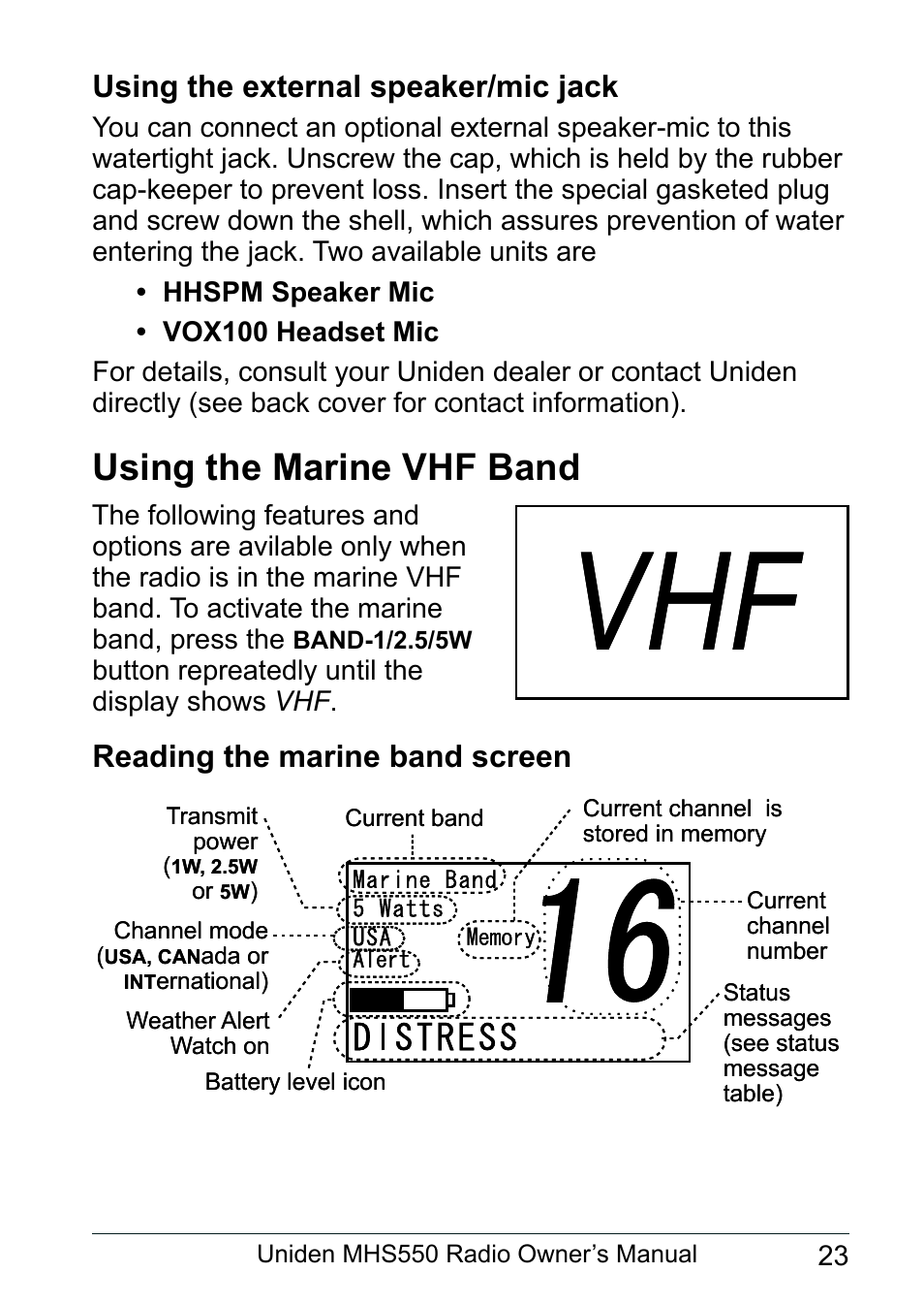 Using the external speaker/mic jack, Using the marine vhf band, Reading the marine band screen | Uniden MHS550 User Manual | Page 25 / 56