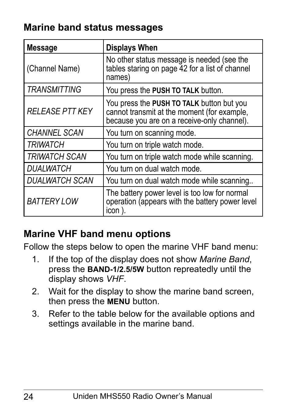 Marine band status messages, Marine vhf band menu options | Uniden MHS550 User Manual | Page 26 / 56