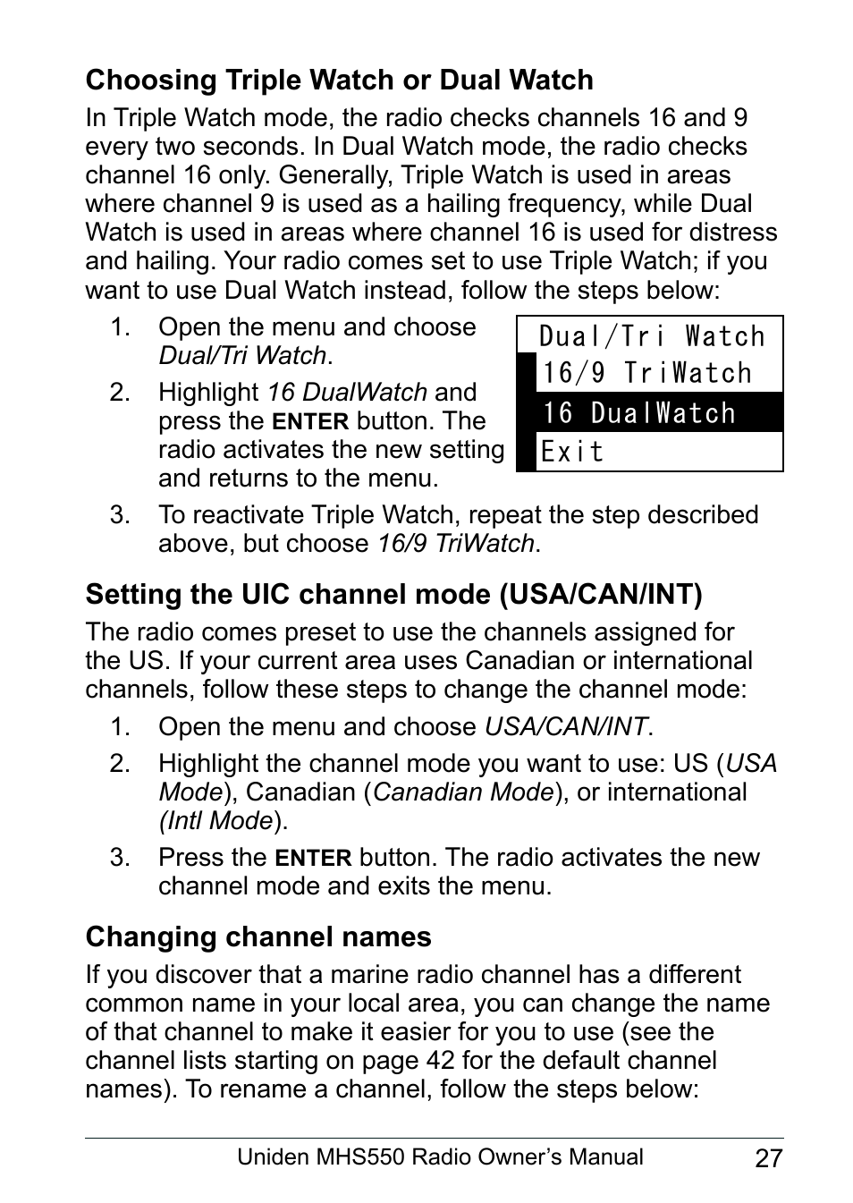 Choosing triple watch or dual watch, Setting the uic channel mode (usa/can/int), Changing channel names | Uniden MHS550 User Manual | Page 29 / 56