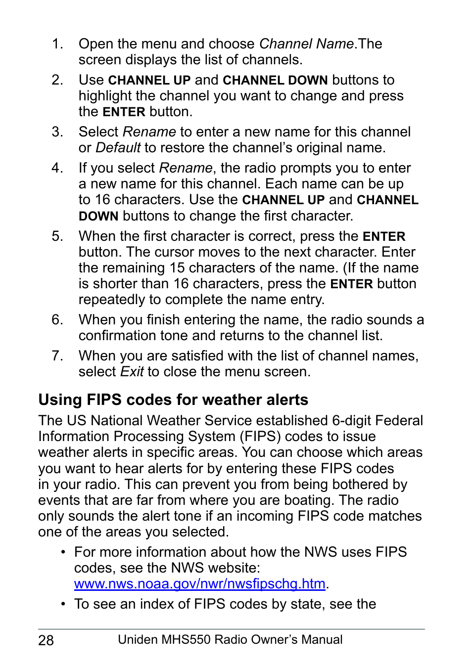 Using fips codes for weather alerts | Uniden MHS550 User Manual | Page 30 / 56