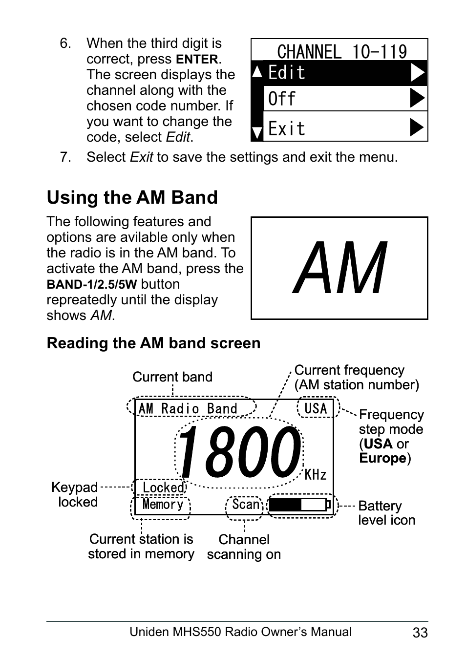 Using the am band, Reading the am band screen | Uniden MHS550 User Manual | Page 35 / 56