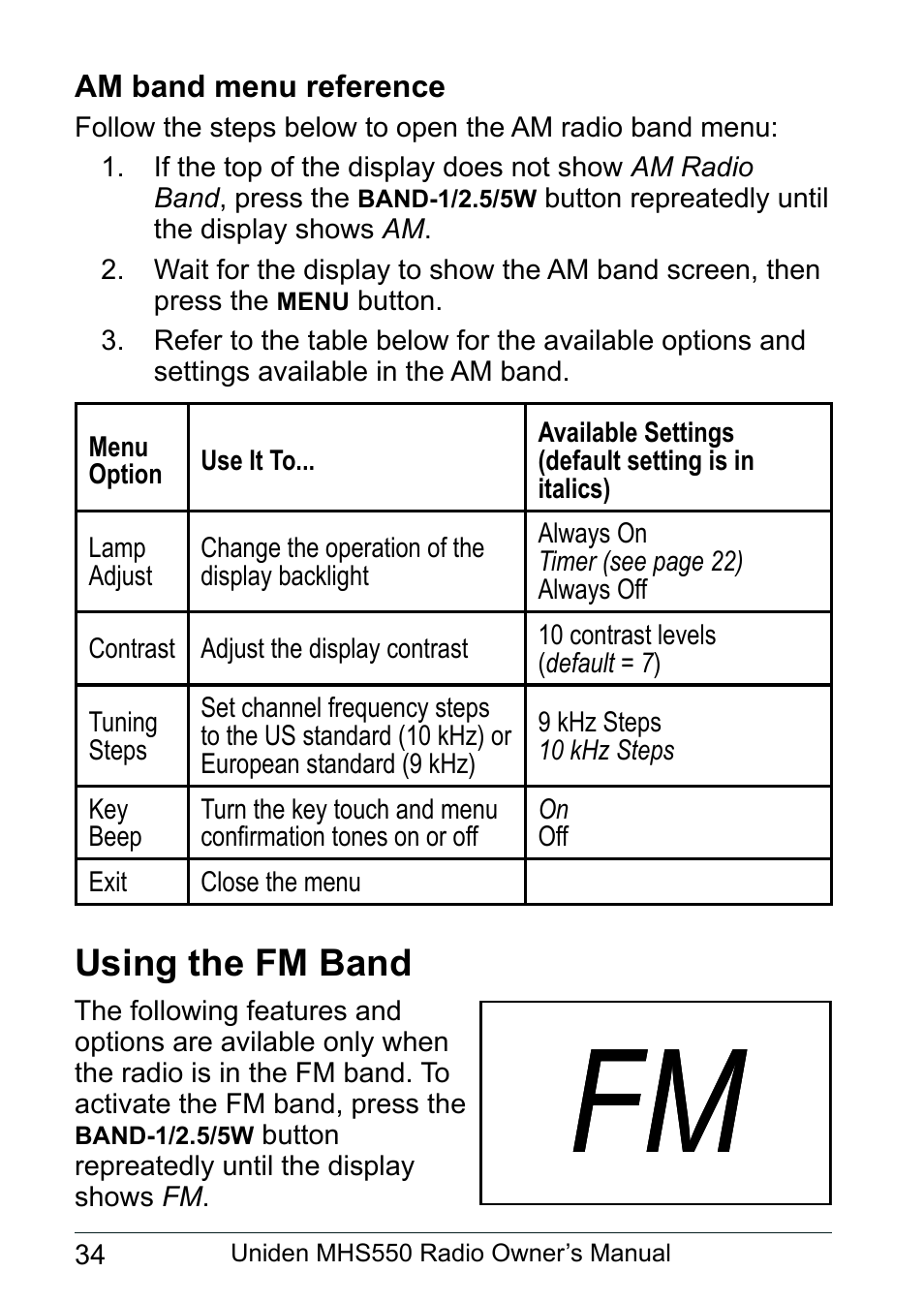 Am band menu reference, Using the fm band | Uniden MHS550 User Manual | Page 36 / 56