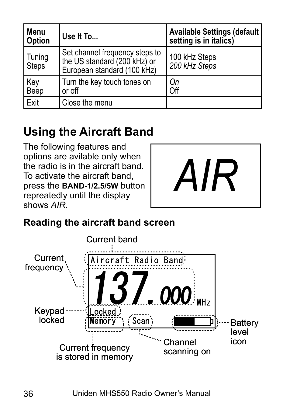 Using the aircraft band, Reading the aircraft band screen | Uniden MHS550 User Manual | Page 38 / 56