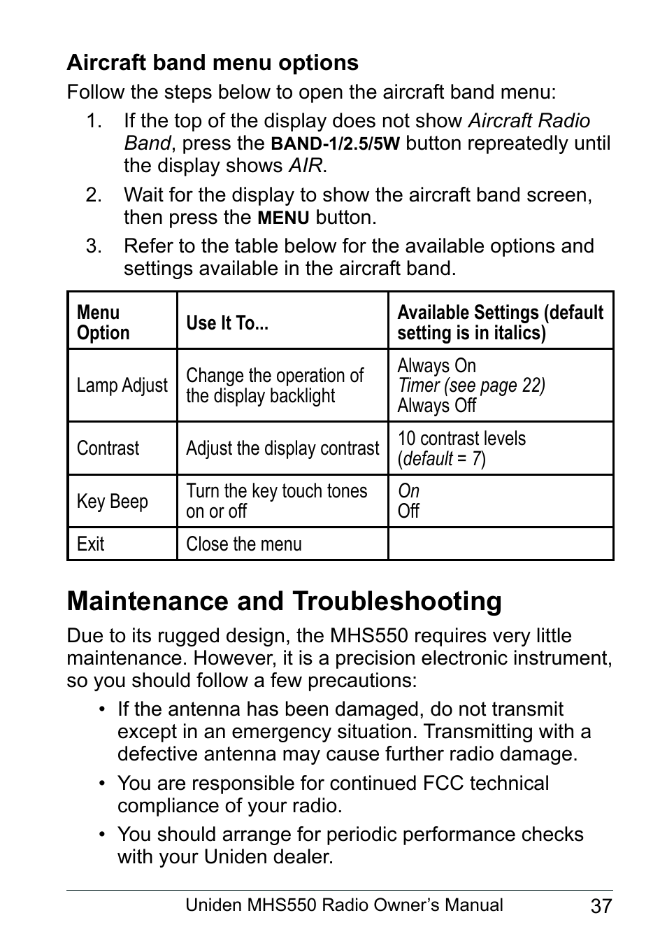 Aircraft band menu options, Maintenance and troubleshooting | Uniden MHS550 User Manual | Page 39 / 56