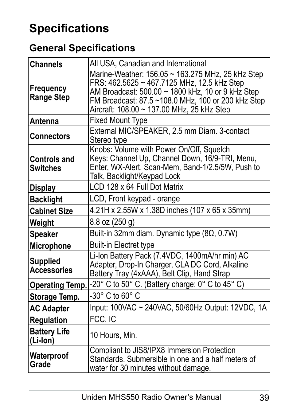 Specifications, General specifications | Uniden MHS550 User Manual | Page 41 / 56