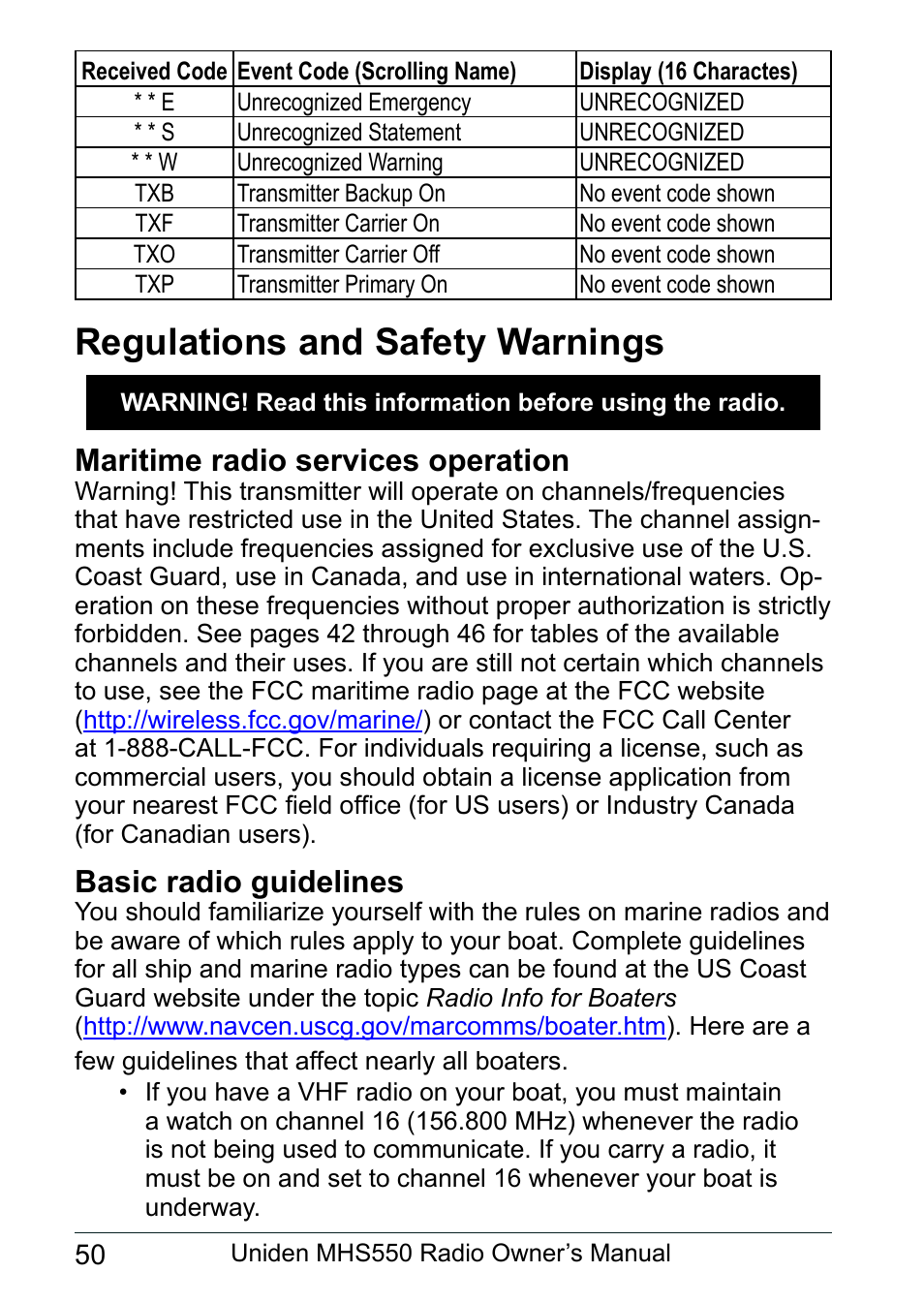 Regulations and safety warnings, Maritime radio services operation, Basic radio guidelines | Uniden MHS550 User Manual | Page 52 / 56