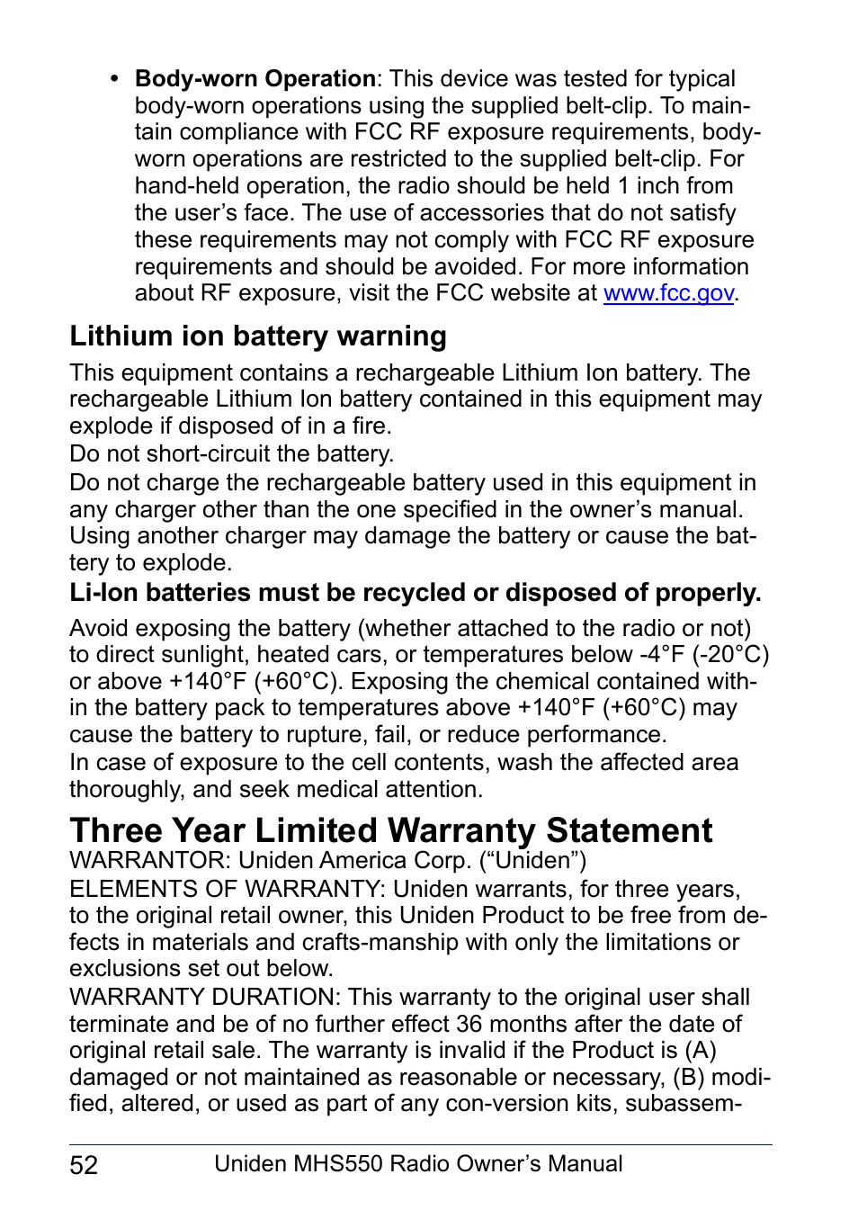 Lithium ion battery warning, Three year limited warranty statement | Uniden MHS550 User Manual | Page 54 / 56