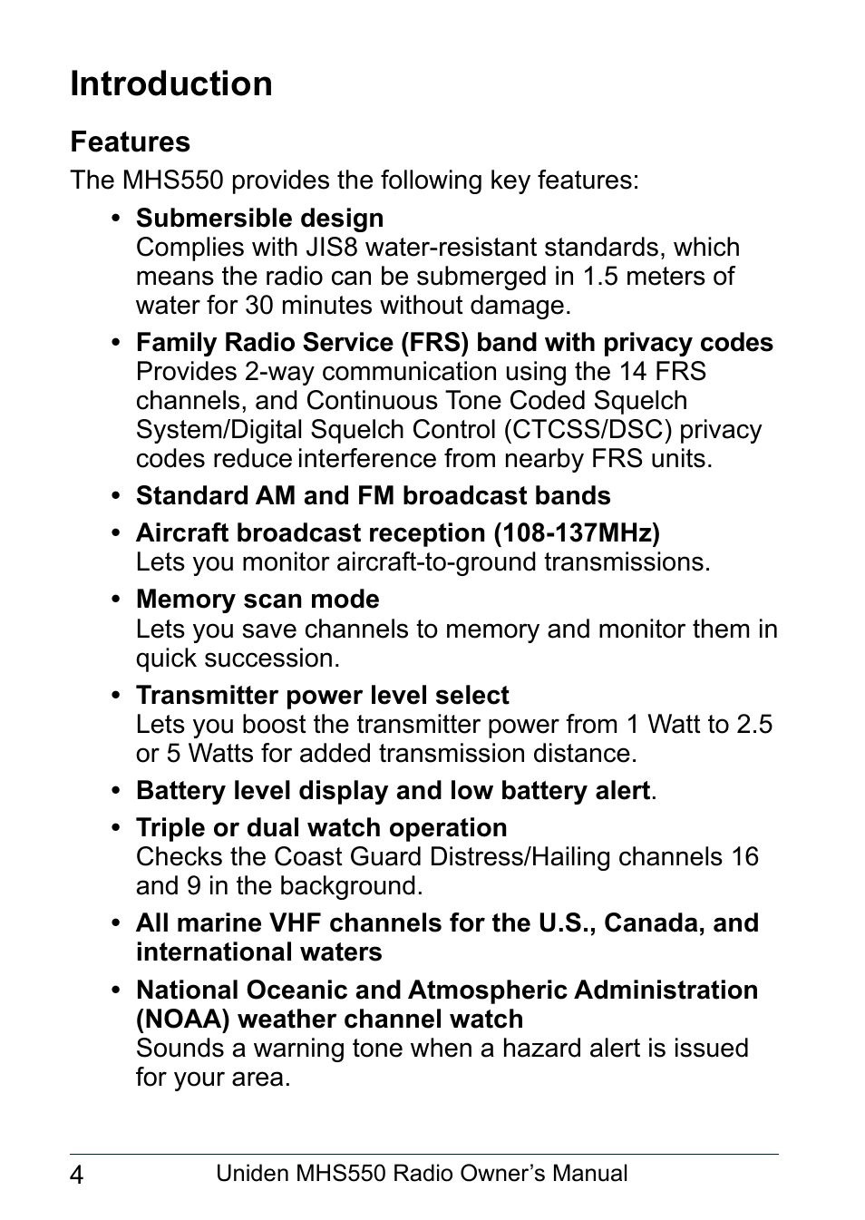 Introduction, Features | Uniden MHS550 User Manual | Page 6 / 56