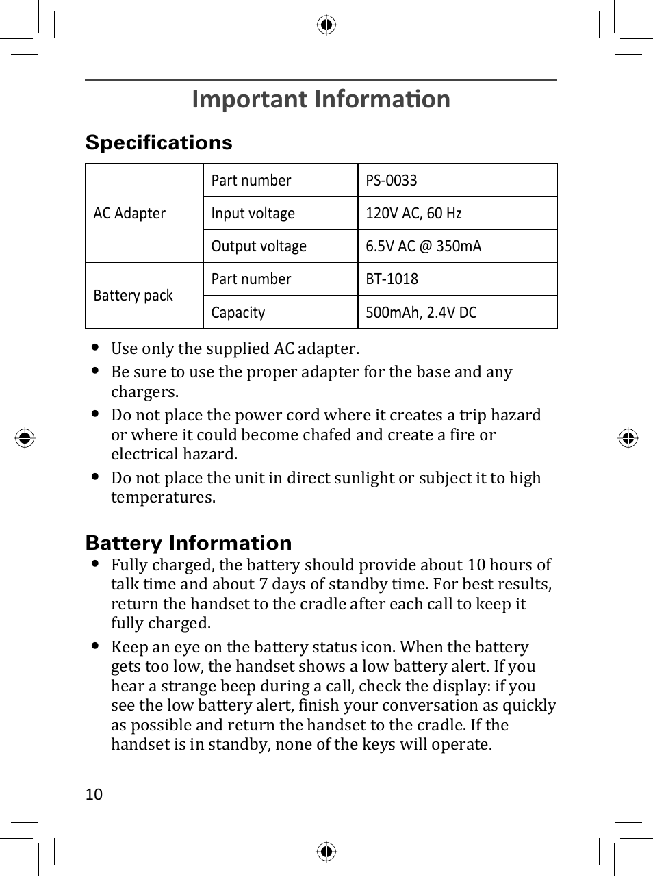 Important informati on, Specifi cations, Battery information | Uniden DRX332 User Manual | Page 10 / 16