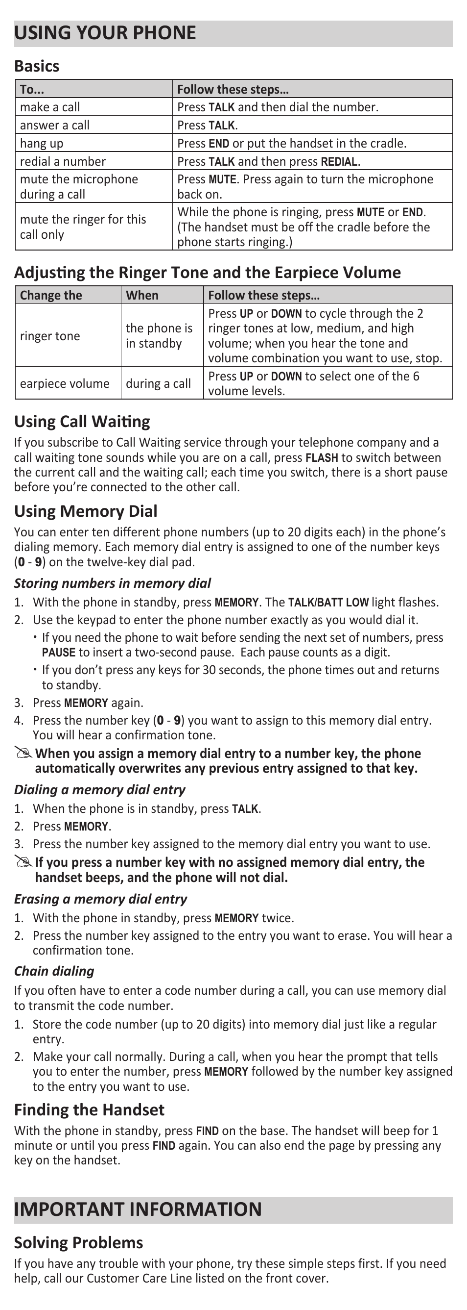 Using your phone, Basics, Adjusting the ringer tone and the earpiece volume | Using call waiting, Using memory dial, Finding the handset, Important information, Solving problems | Uniden BT-1007 User Manual | Page 3 / 6