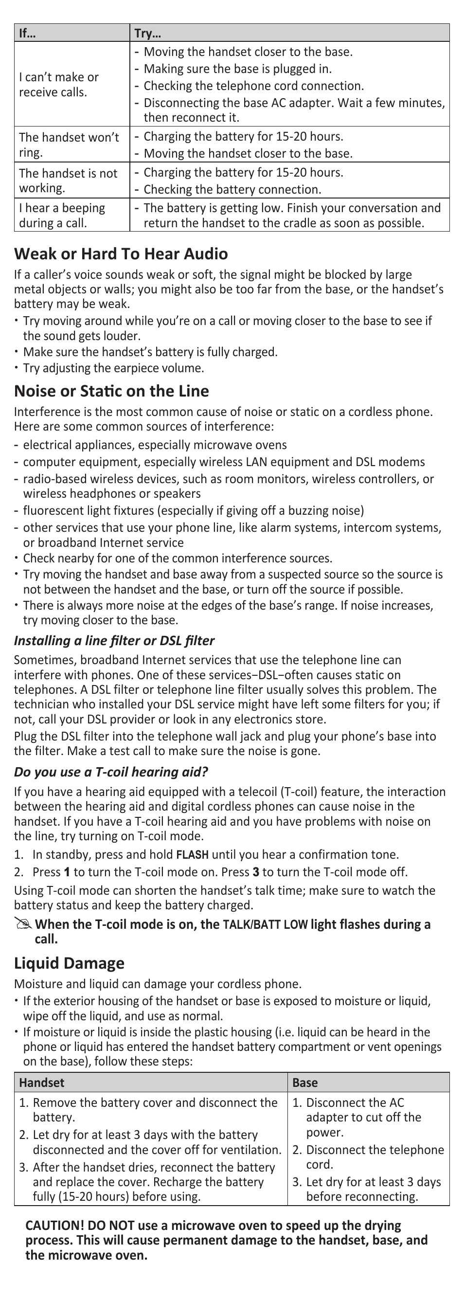 Weak or hard to hear audio, Noise or static on the line, Liquid damage | Uniden BT-1007 User Manual | Page 4 / 6