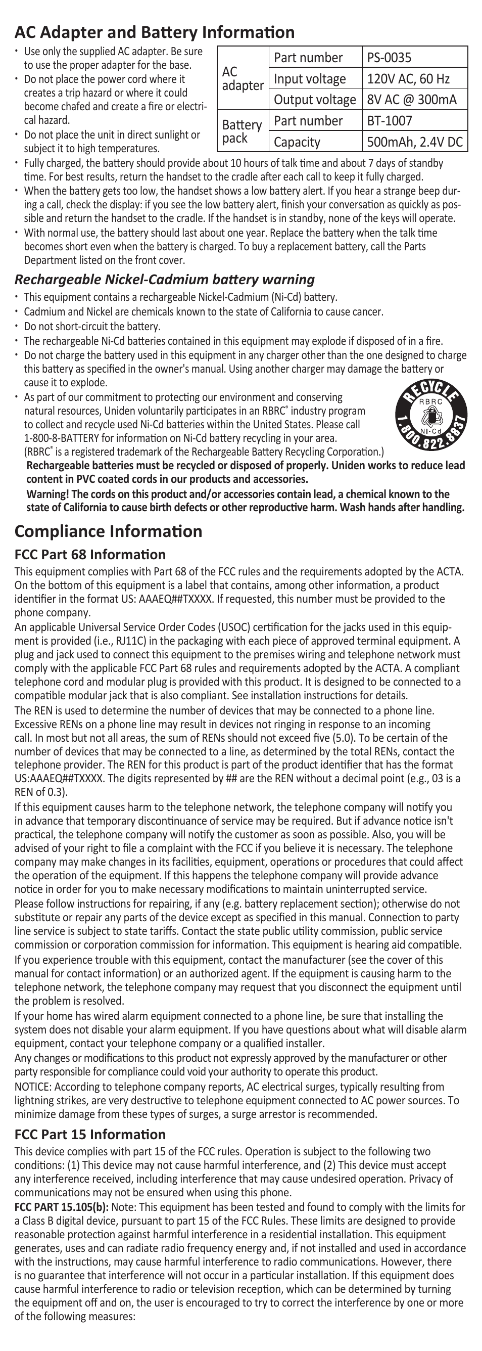 Ac adapter and battery information, Compliance information, Rechargeable nickel-cadmium battery warning | Fcc part 68 information, Fcc part 15 information | Uniden BT-1007 User Manual | Page 5 / 6