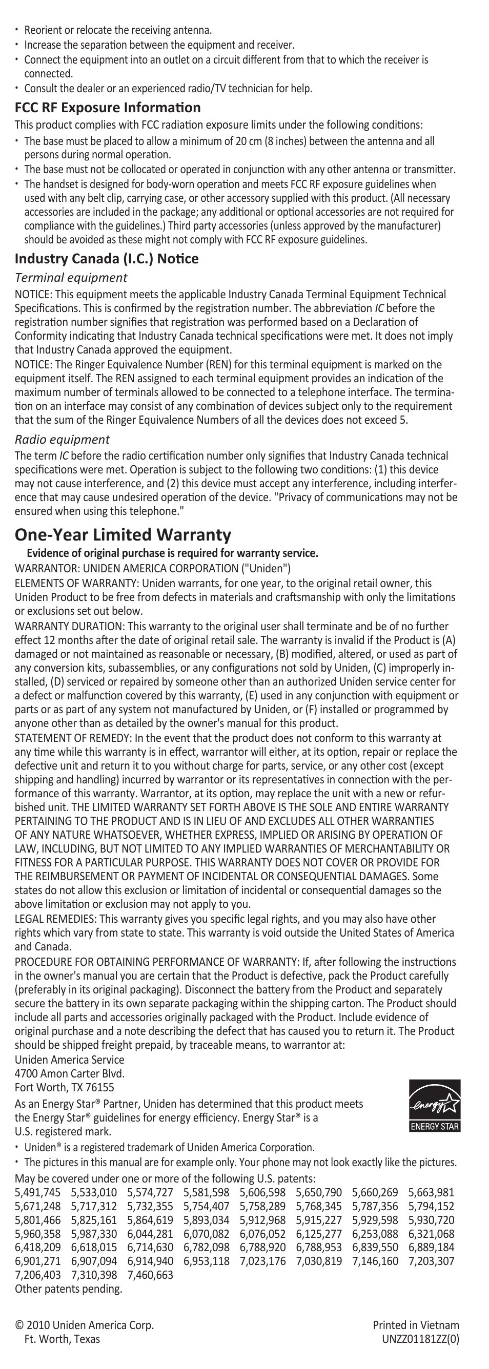 One-year limited warranty, Fcc rf exposure information, Industry canada (i.c.) notice | Uniden BT-1007 User Manual | Page 6 / 6