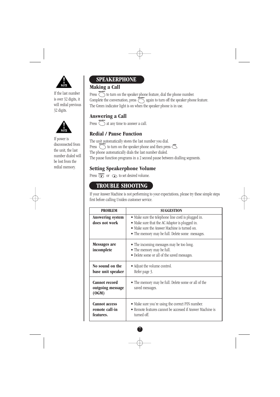 Trouble shooting, Speakerphone, Making a call | Answering a call, Redial / pause function, Setting speakerphone volume | Uniden DA071 User Manual | Page 11 / 12