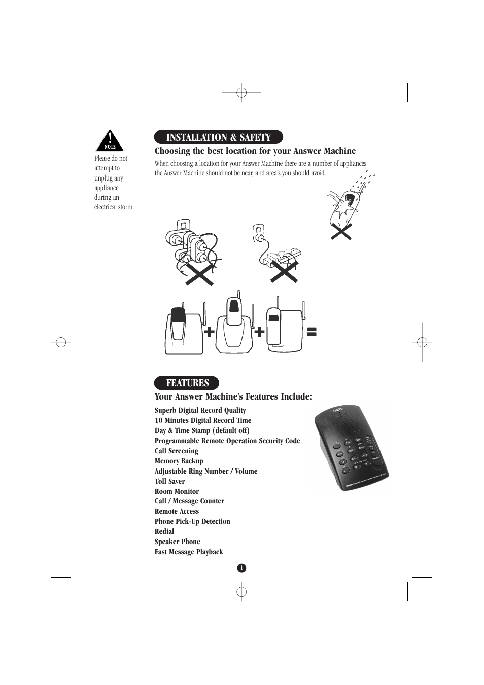 Installation & safety, Features | Uniden DA071 User Manual | Page 2 / 12