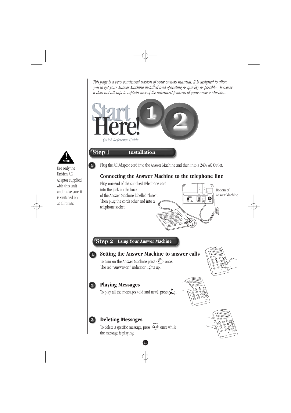 Here, Start, Start here | Setting the answer machine to answer calls, Playing messages, Deleting messages | Uniden DA071 User Manual | Page 3 / 12